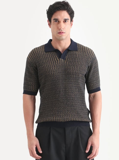 Rare Rabbit Dot Navy Woven Design Regular Fit Polo T-Shirt-image-26