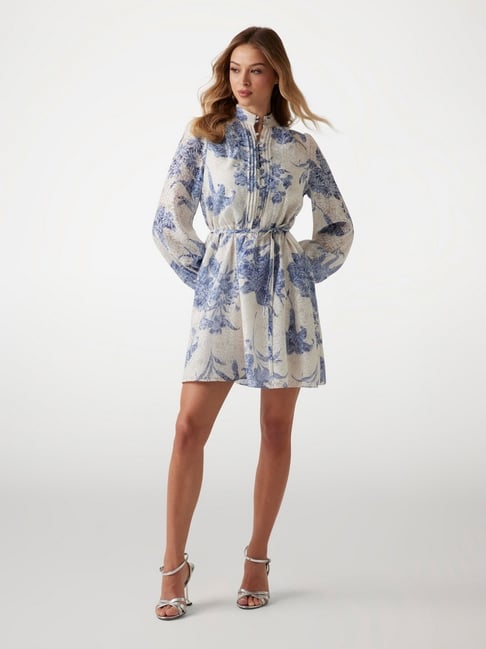 Guess Women White & Blue Printed Mock Neck Dress