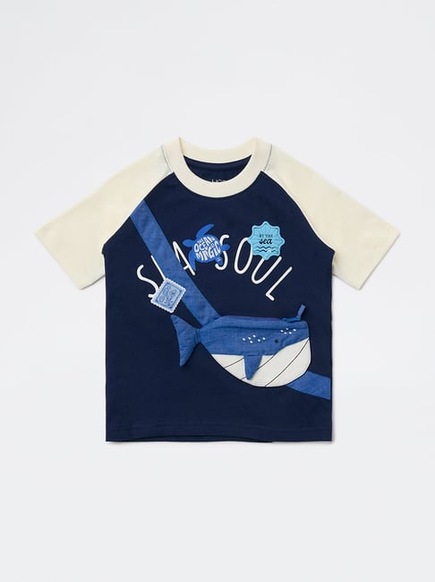 HOP Kids Boys by Westside Navy Sea-Life Printed Cotton T-Shirt