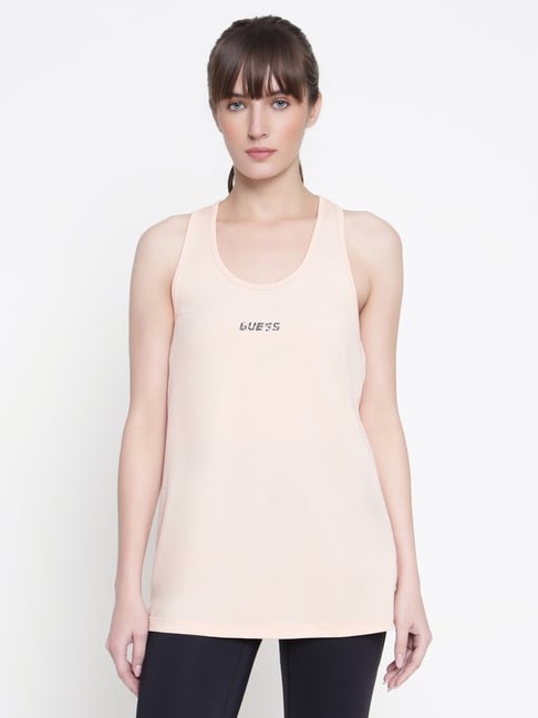 Guess Women Peach Solid Scoop Neck Tank Top