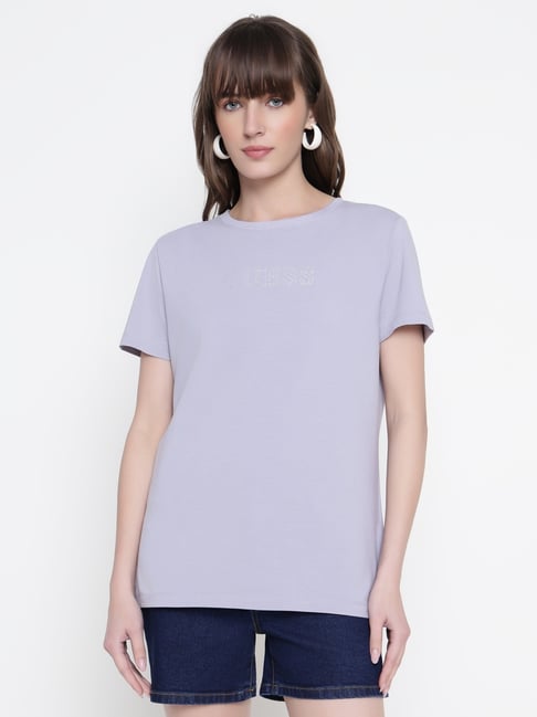 Guess Women Lilac Embellished Round Neck T-shirt