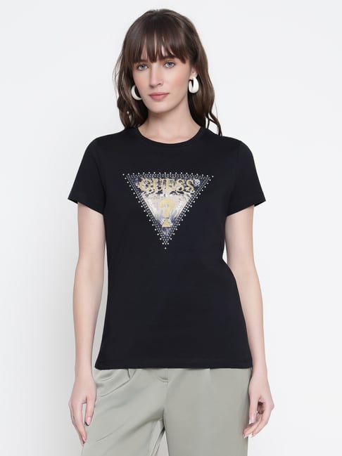 Guess Women Black Printed Round Neck T-shirt