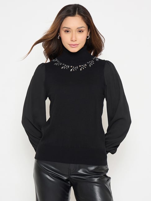 MADAME Black Regular Fit Embellished Sweater