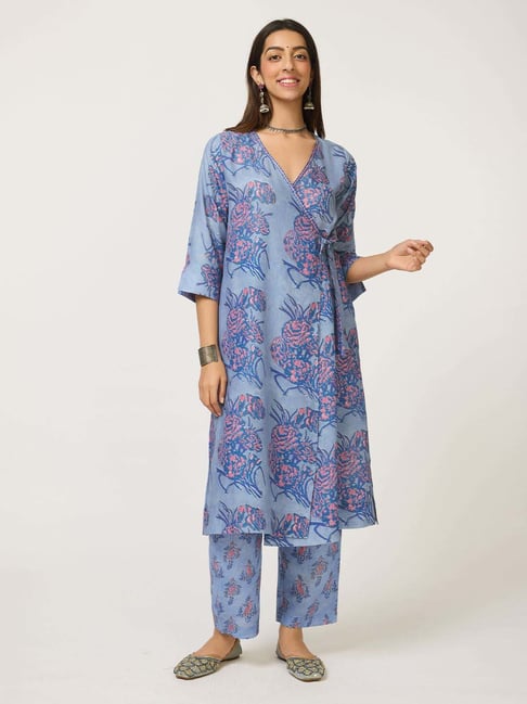 Daali - Blue Cotton Blend Dabu Regular Fit Angrakha Kurta Set With Both Side Pockets
