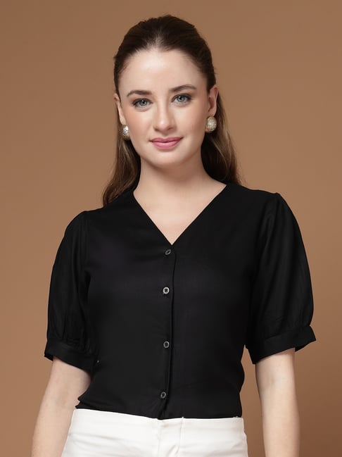 Style Quotient Solid Black Rayon Smart Casual Top