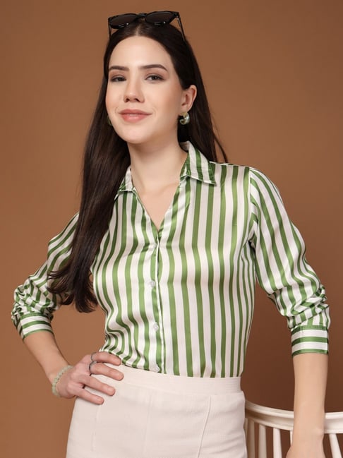 Style Quotient Satin Green and White Striped Shirt-image-10