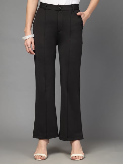 Style Quotient Solid Black Self Design Polyester Trousers