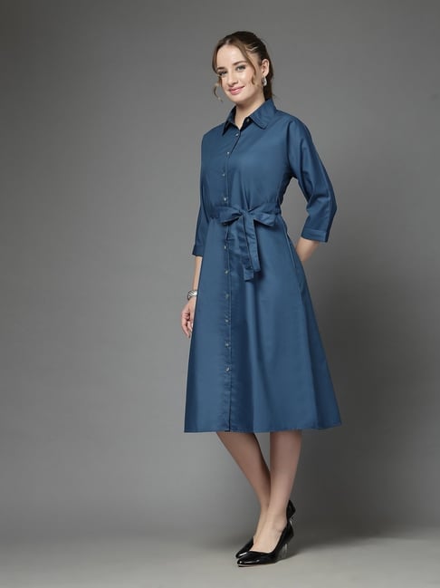 Style Quotient Solid Denim Blue Smart Casual Shirt Dress