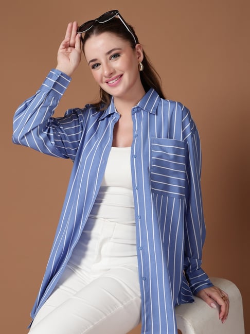 Style Quotient Striped Slate Blue White Polycrepe Oversized Shirt-picture-40