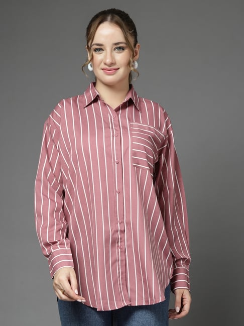 Style Quotient Striped Mauve White Polycrepe Oversized Shirt-picture-39