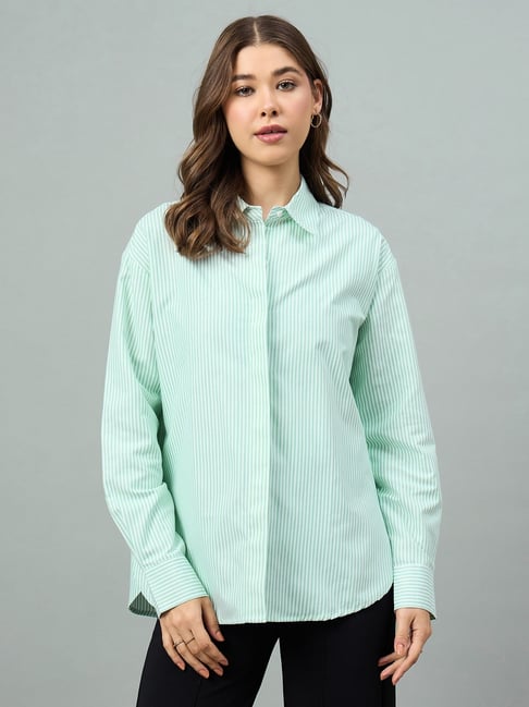 Style Quotient Stripedd Green and White Oversized Polycotton Shirt-picture-37