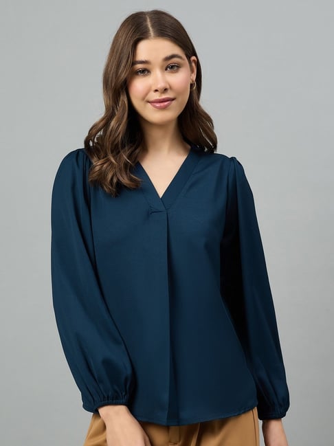 Style Quotient Solid Polymoss Twill Navy Top