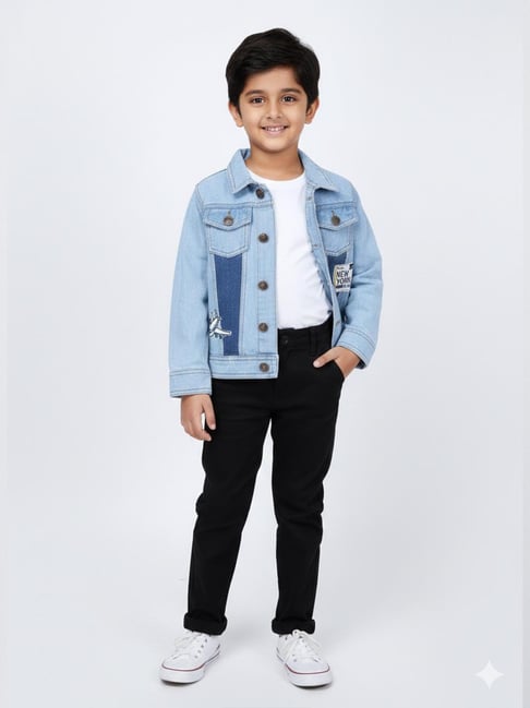 Kiddopanti Boys Light Blue Denim Regular Fit Printed Jacket