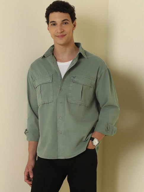 Allen Solly Green Cotton Relaxed Fit Shirt