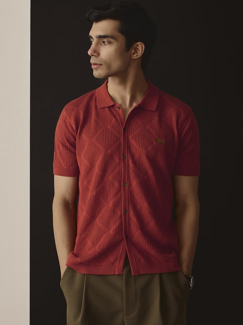 Andamen Rust Cotton Regular Fit Jacquard Shirt-picture-23