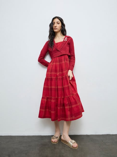 Bombay Paisley by Westside Red Checkered Cotton Tiered Dress with Jacket