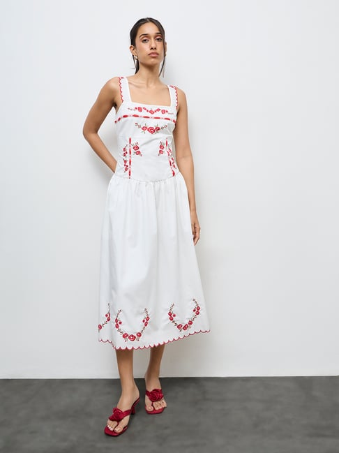 Lov Dresses Westside Cotton Dresses LOV By Westside White Floral  Embroidered Cotton A-Line Dress