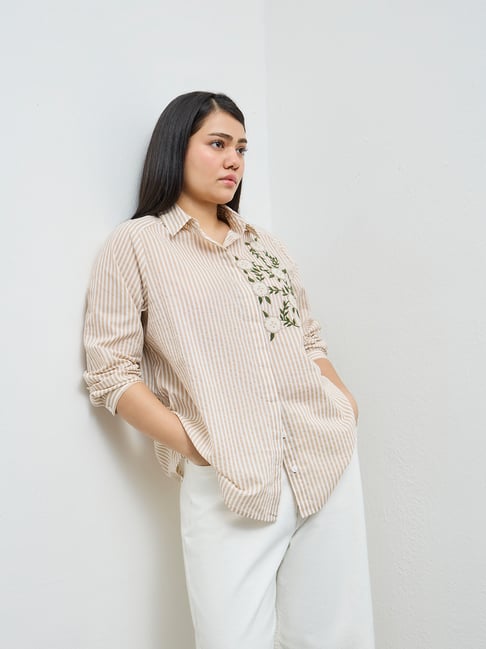 Gia by Westside Beige Striped Cotton Shirt