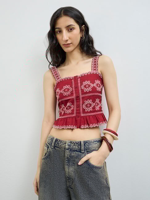 Bombay Paisley by Westside Red Embroidered Cotton-Blend Top