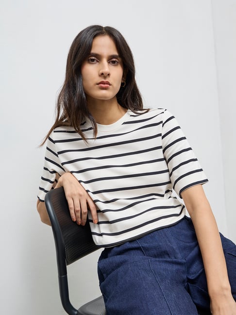 Wardrobe by Westside White Striped Cotton-Blend T-Shirt
