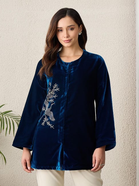 First Resort By Ramola Bachchan Teal Swan Motif Hand Embellished Velvet Jacket-picture-17