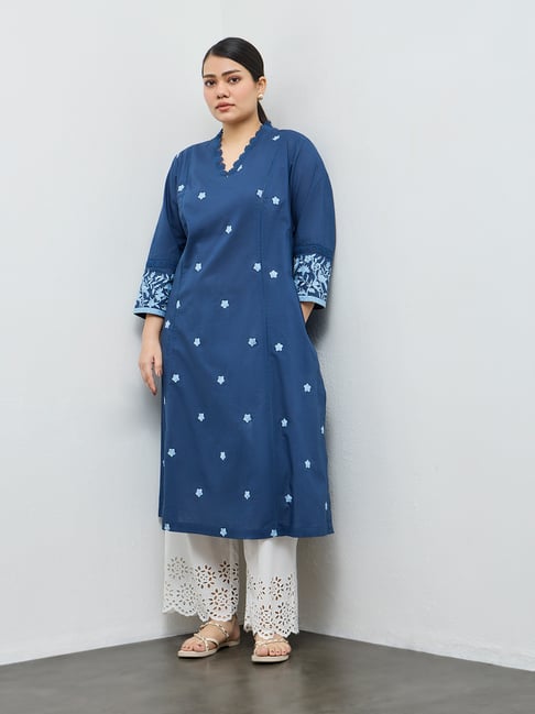 Diza by Westside Indigo Floral Embroidered Cotton A-Line Kurta