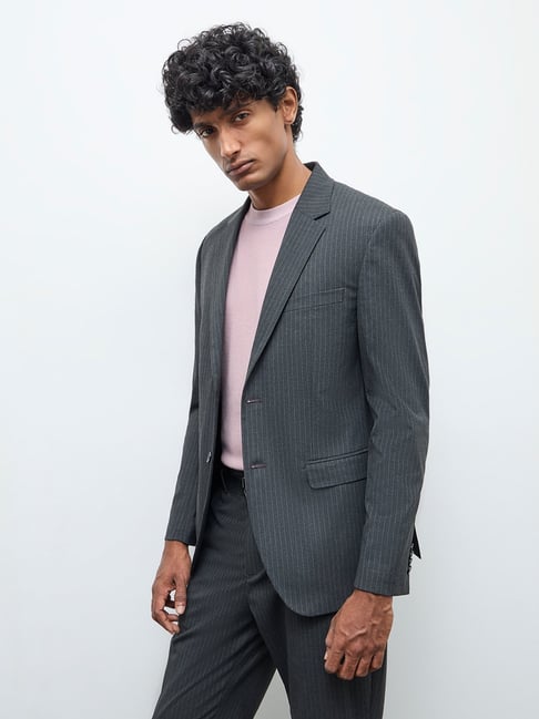 WES Formals by Westside Charcoal Pinstriped Slim-Fit Blazer