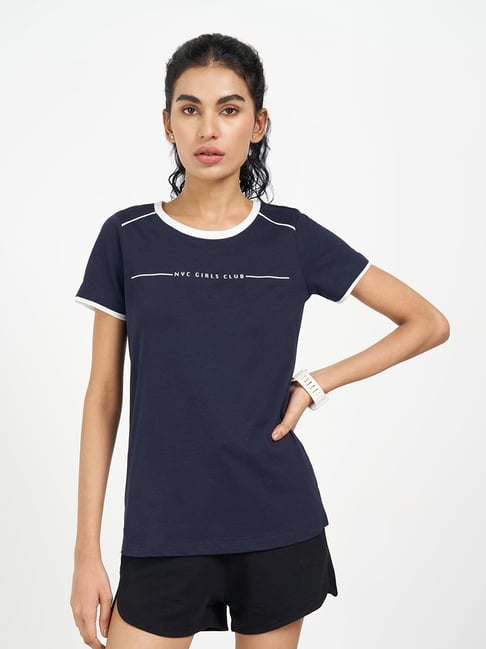 Ajile By Pantaloons Navy Regular Fit Printed Sports T-Shirt
