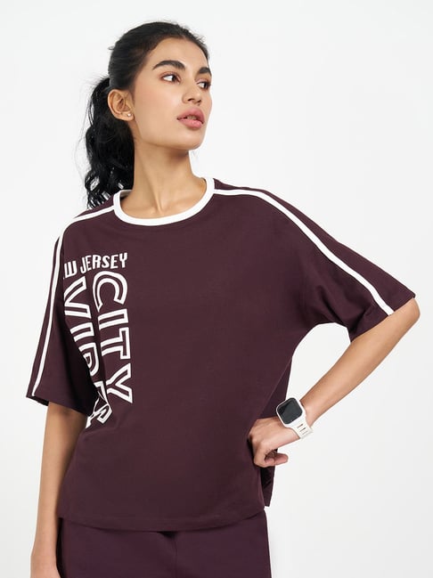 Ajile By Pantaloons Maroon Relaxed Fit Printed Sports T-Shirt-picture-32