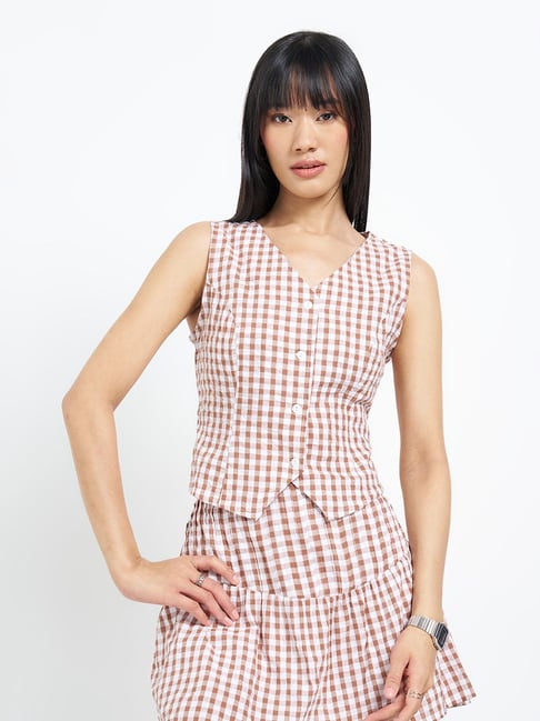 People By Pantaloons Beige Slim Fit Checked Top