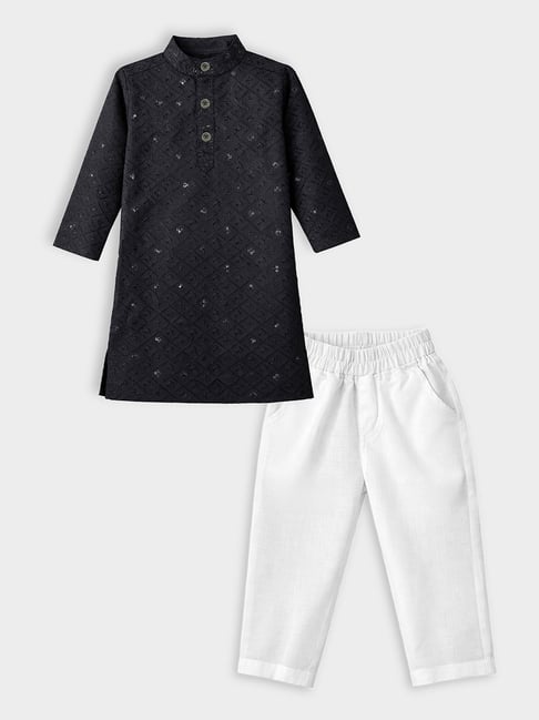 MiArcus Boys Black and White Regular Fit Embroidered Kurta Set