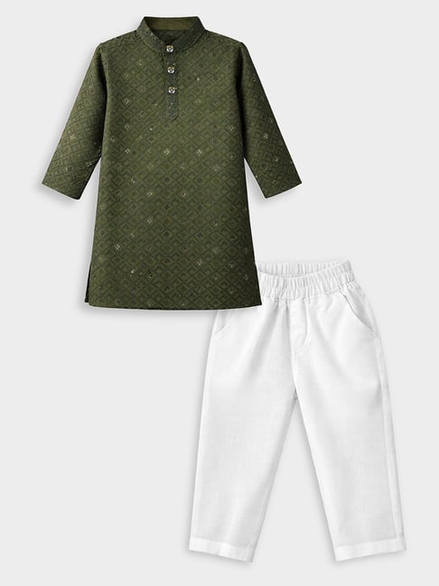 MiArcus Boys Green and White Regular Fit Embroidered Kurta Set