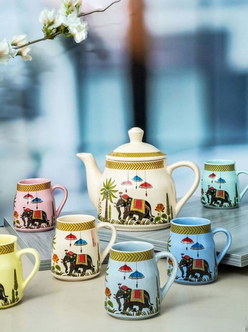 ROXX Multicolor Printed Teapot and Mug Set of 7