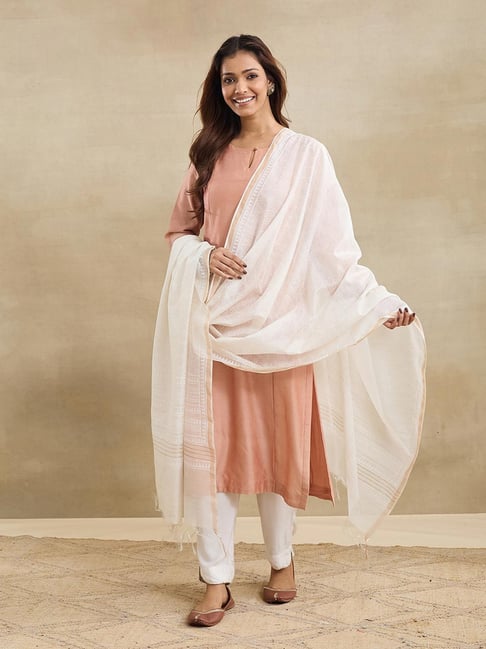 Fabindia White Cotton Silk Blend Hand Block Printed Dupatta-picture-31