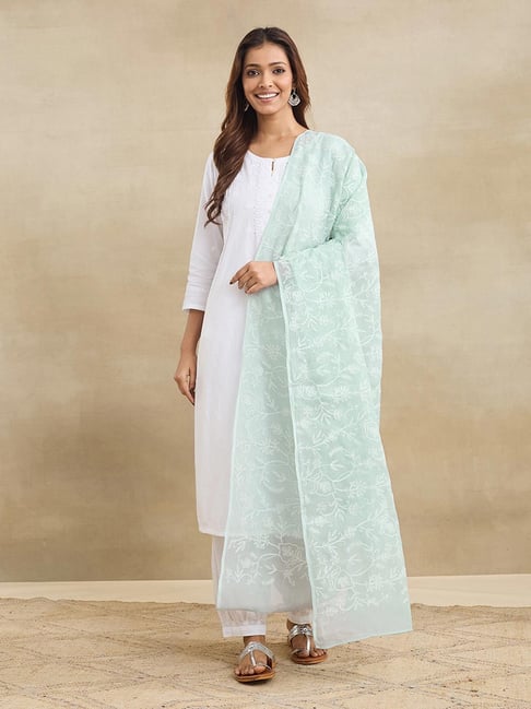 Fabindia Turquoise Cotton Silk Blend Chikankari Dupatta-image-37