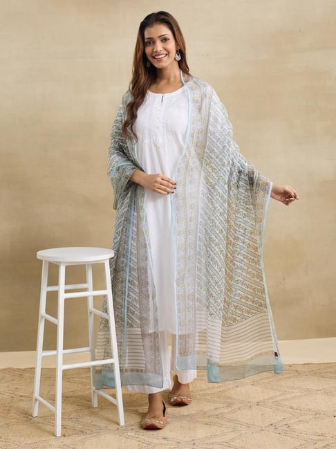 Fabindia Blue Cotton Silk Hand Block Printed Dupatta-image-21