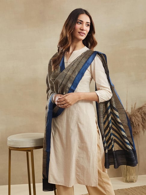 Fabindia Blue Silk Hand Block Printed Dupatta-picture-31