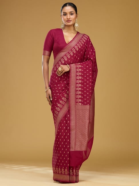 Koskii Wine Silk Zari Saree with Unstitched Blouse-picture-17