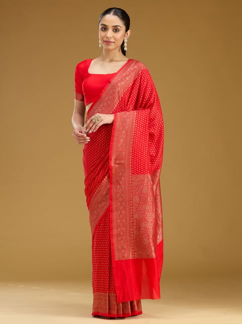 Koskii Red Silk Zari Saree with Unstitched Blouse-picture-48