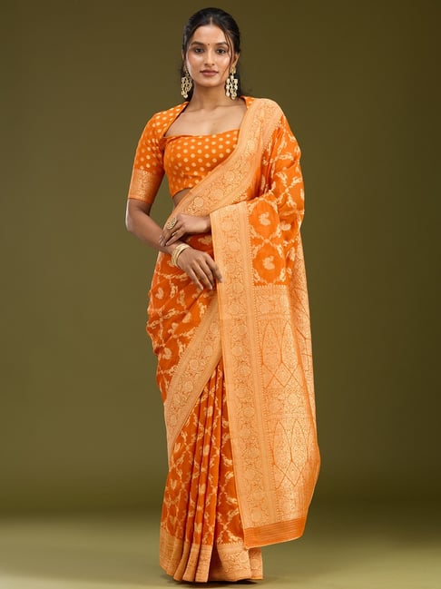 Koskii Orange Satin Zari Saree with Unstitched Blouse-picture-26