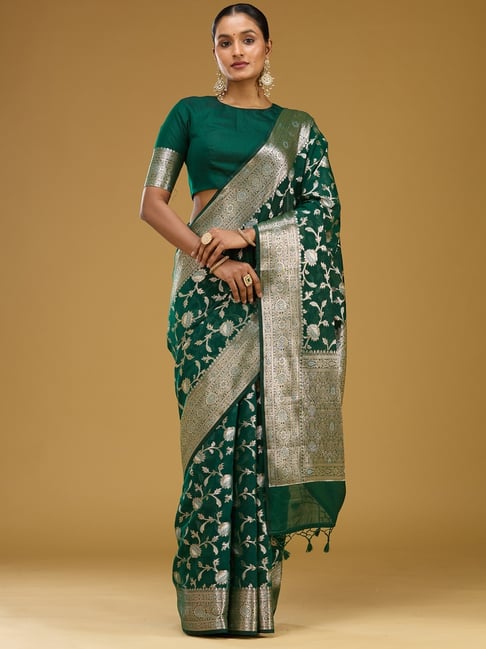 Koskii Bottle Green Art Silk Zari Saree with Unstitched Blouse-picture-14