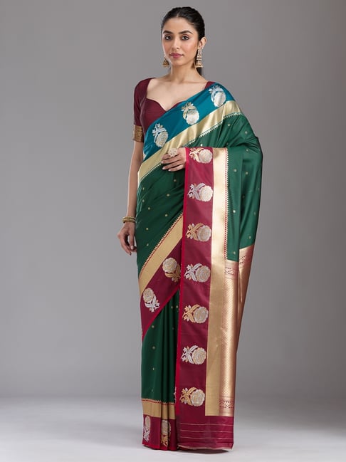 Koskii Bottle Green Art Silk Zari Saree with Unstitched Blouse-picture-13