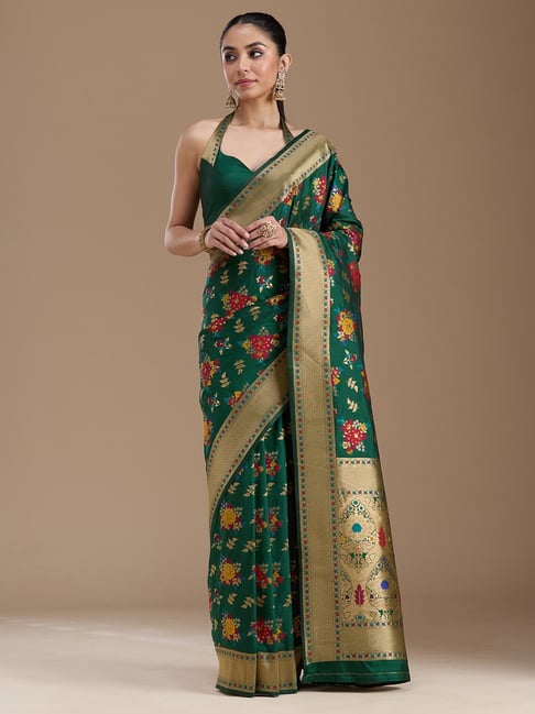Koskii Bottle Green Art Silk Zari Saree with Unstitched Blouse-picture-12
