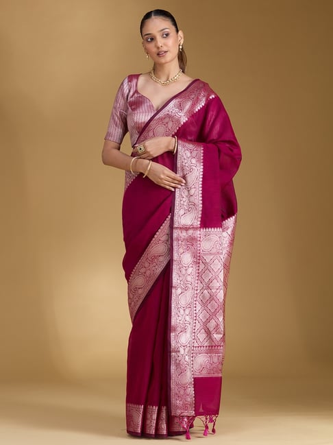 Koskii Magenta Pink Art Silk Zari Saree with Unstitched Blouse-picture-38