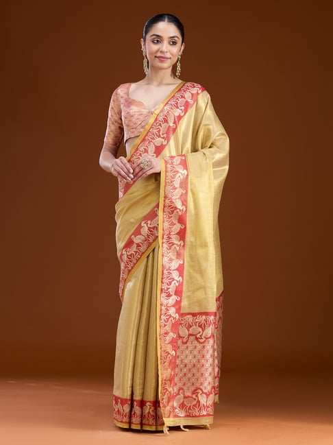 Koskii Gold Silk Zari Saree with Unstitched Blouse-picture-37