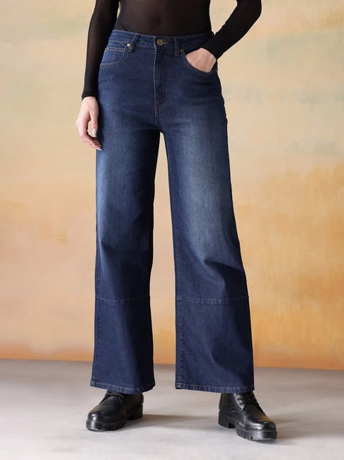 flying machine dark blue cotton relaxed fit high rise jeans