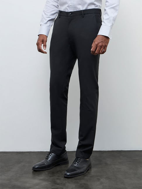WES Formals by Westside Black Solid Ultra Slim Fit Mid-Rise Trousers-picture-46