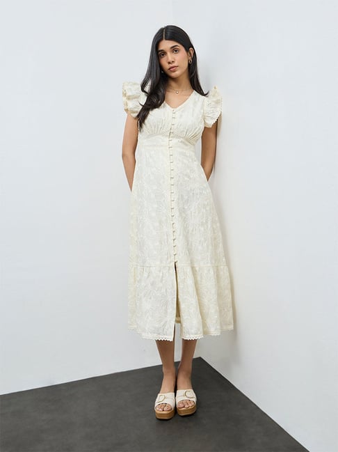 LOV by Westside Off-White Floral Embroidered Cotton A-Line Dress