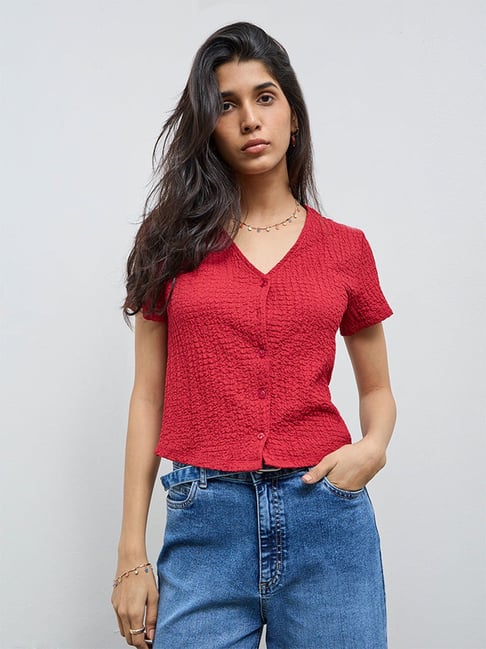 LOV by Westside Red Crinkle-Textured Top