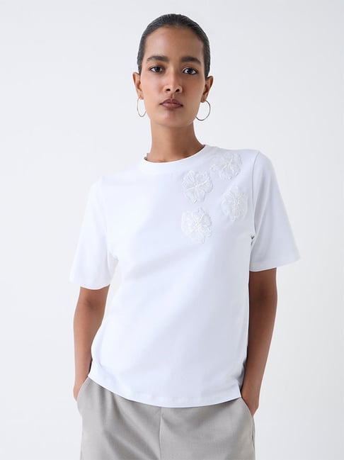 Wardrobe by Westside White Floral Embroidered T-Shirt
